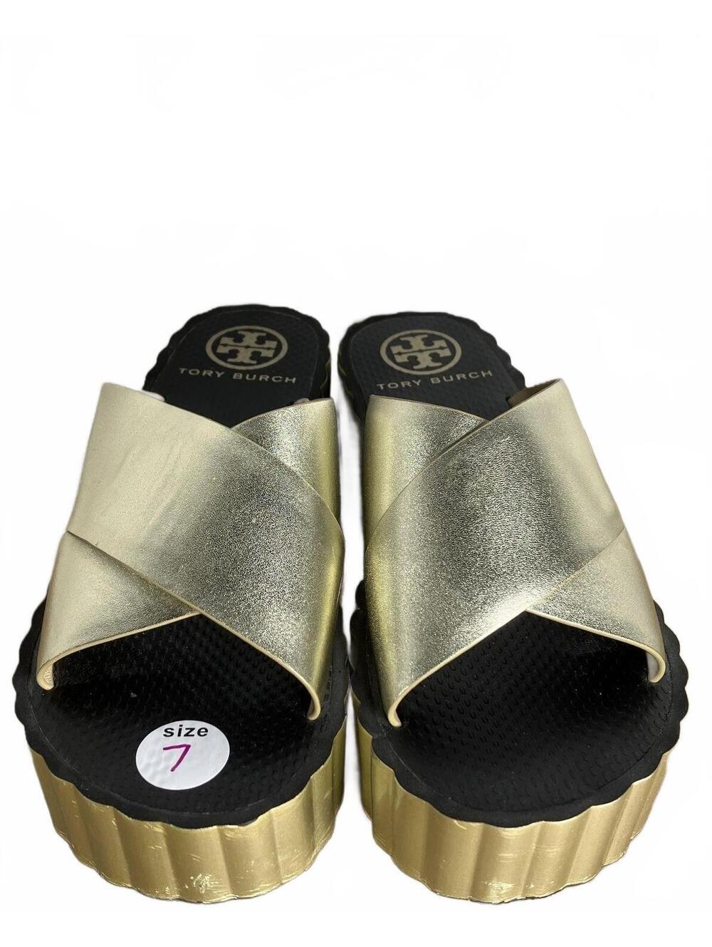 Tory Burch Selby Metallic Pale Gold Leather Criss-Cross Platform Slides Size 7